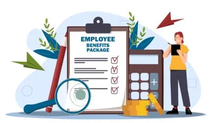 Employee,Benefits,Package.,Woman,With,Golden,Coins,And,Calculator.,Budgeting